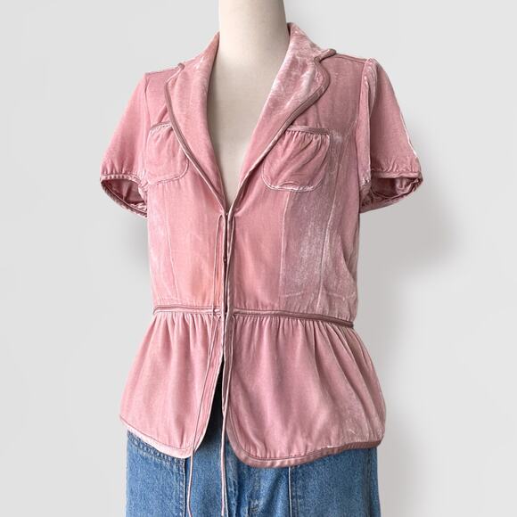 Y2K Silk Velvet Peplum Top Banana Republic 12 Pink Coquette Puff Short Sleeves - Picture 3 of 7